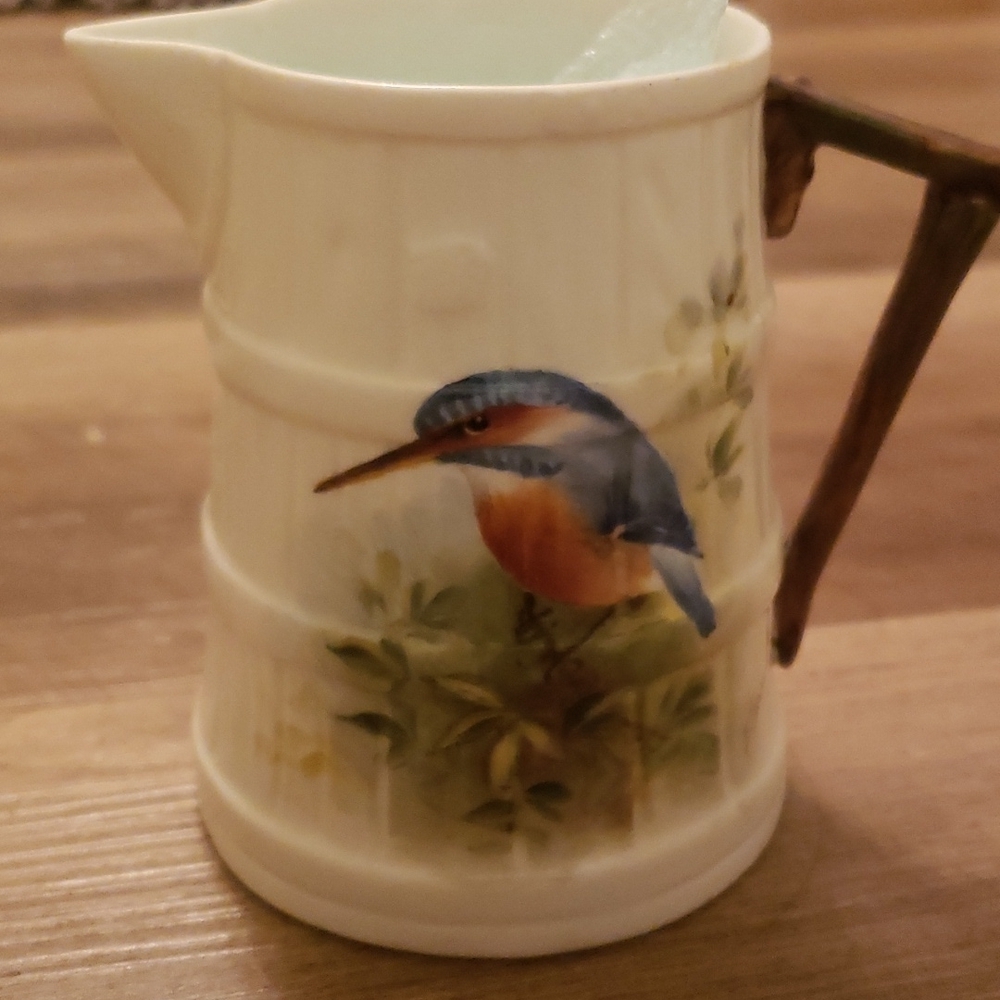 Vintage Kingfisher Bird Creamer Barrel Pitcher Cottagecore Rustic Handle